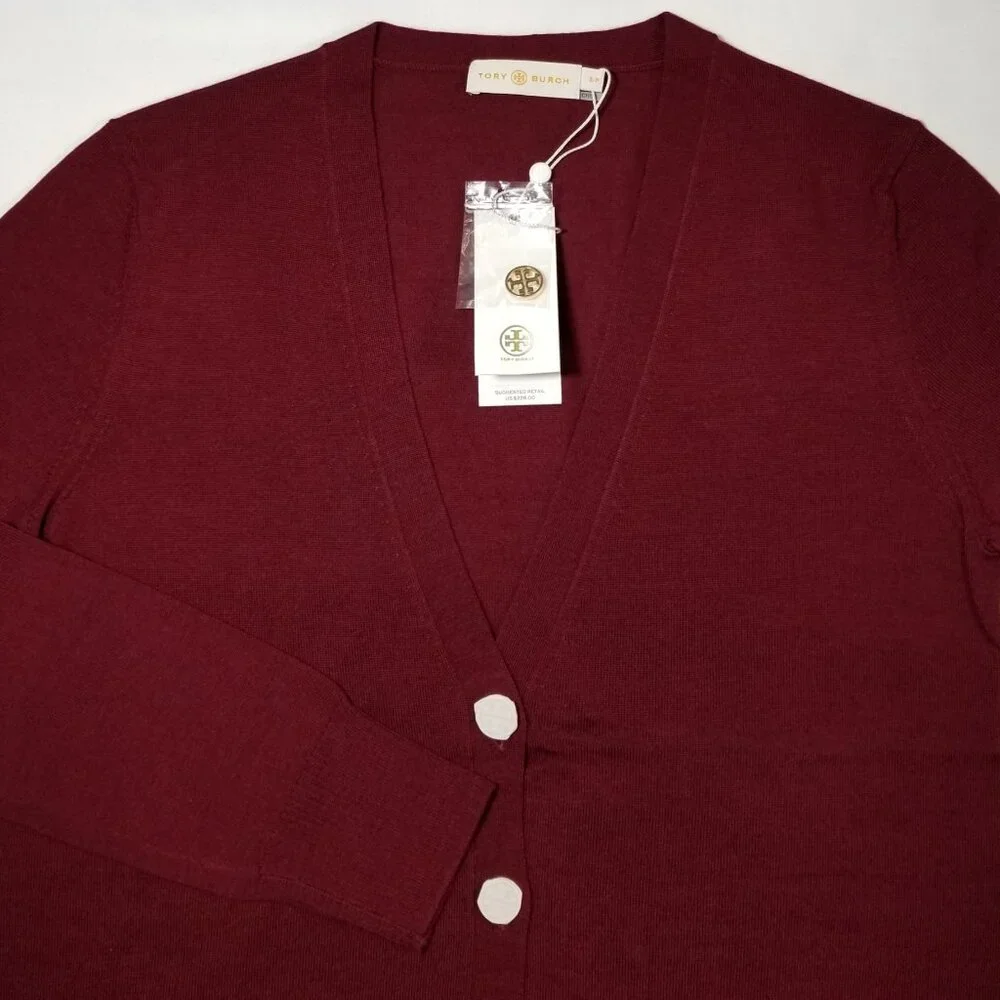 NWT Tory Burch Madeline 100% Merino Wool Cardigan Garnet Red‎ Logo Button XS